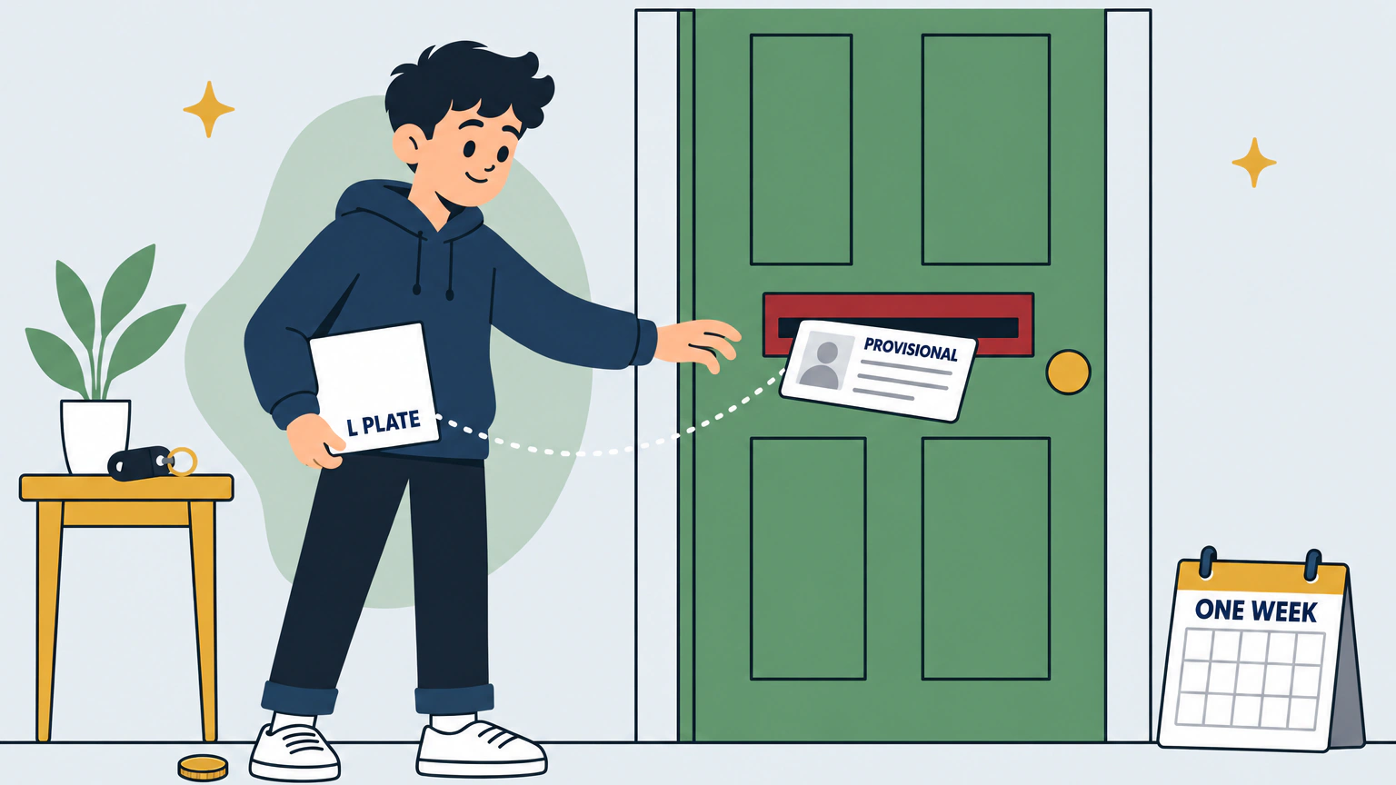 Flat illustration of a hallway. A licence card marked PROVISIONAL comes through the letterbox of a front door while a teenager reaches up for it, holding a square L PLATE, with a calendar tile marked ONE WEEK propped beside the door.