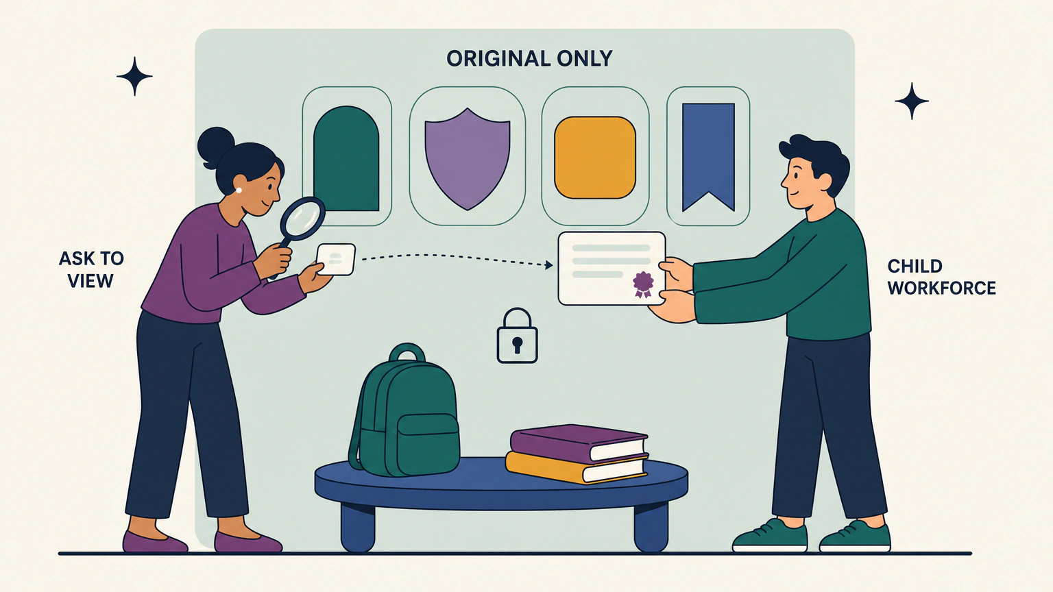 Flat vector illustration of a parent and a tutor at a table. The tutor holds out a blank certificate card, the parent compares it with an identity card through a magnifier, and a backdrop band of four plaques carries the labels ORIGINAL ONLY, CHILD WORKFORCE and ASK TO VIEW.
