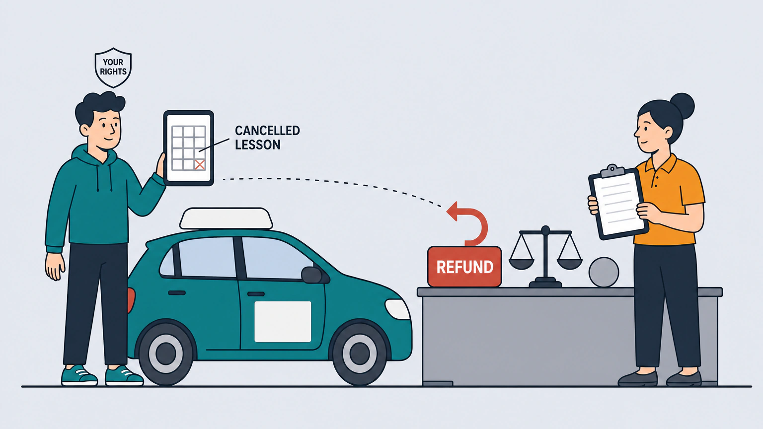 Flat vector illustration of a learner driver holding a phone showing a crossed-out calendar square, facing a driving instructor with a clipboard across a counter beside a tuition car, with a payment card, a return arrow and a small balance scale on the counter.