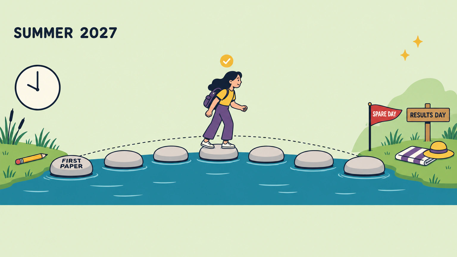 A flat illustration on a pale green background headed SUMMER 2027. A student with a backpack crosses a stream on seven stepping stones, the first of them marked FIRST PAPER. On the far bank a red flag reads SPARE DAY and a wooden signpost reads RESULTS DAY, beside a folded beach towel and a sun hat. A clock and a pencil sit on the near bank.