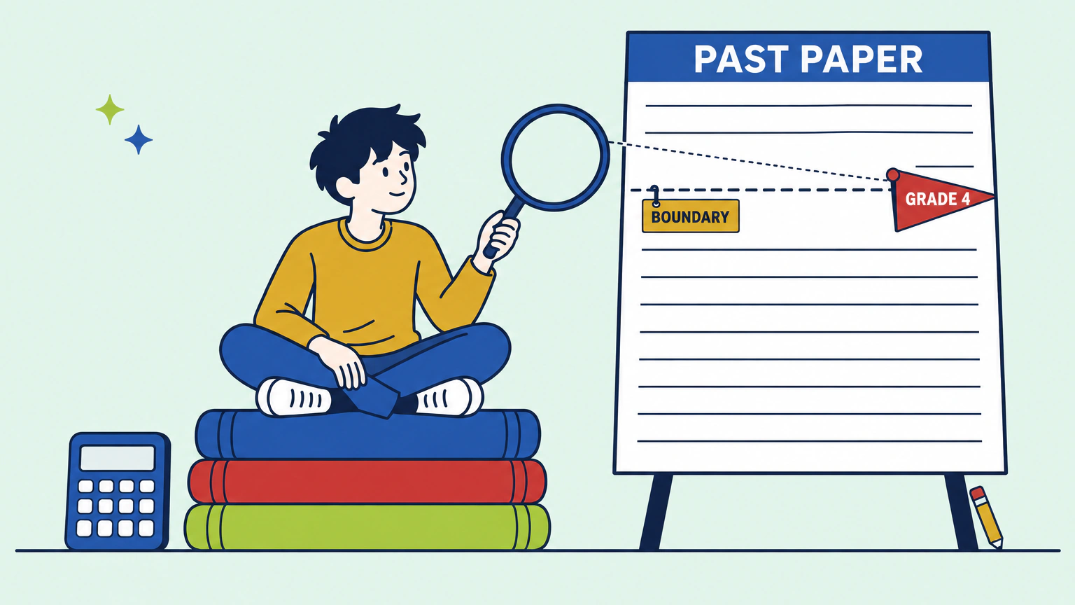 A student sits on a stack of oversized exam booklets and holds a magnifying glass up to an upright sheet headed PAST PAPER, where a dashed line tagged BOUNDARY crosses the page and a small pennant flag marks GRADE 4.