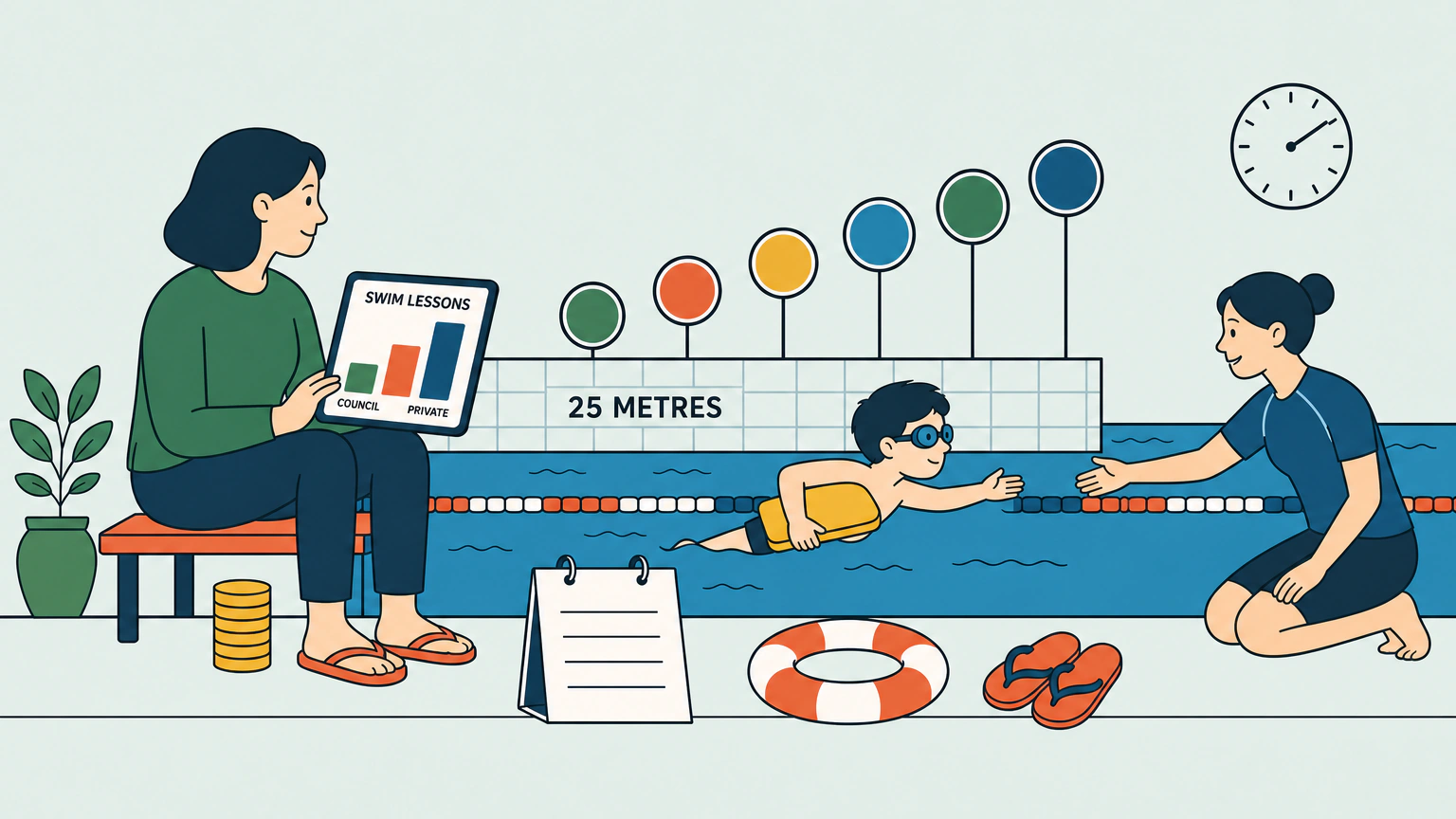 Flat vector illustration of a poolside scene. A parent sits on a low bench holding a tablet showing a small bar chart, with a stack of coins beside it, while a swimming teacher kneels at the water's edge and a child in goggles swims towards them with a float board. A row of coloured award badges rises along the pool wall behind them.
