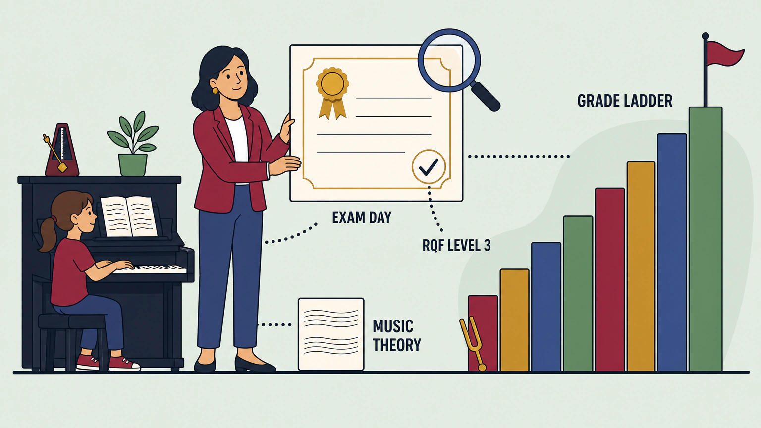 Flat vector illustration of a music teacher standing beside a young learner at an upright piano. A certificate card with a ribbon rosette and a magnifier over one corner is held up between them, and a rising stair of eight plain blocks with a small flag on the tallest sits to one side.