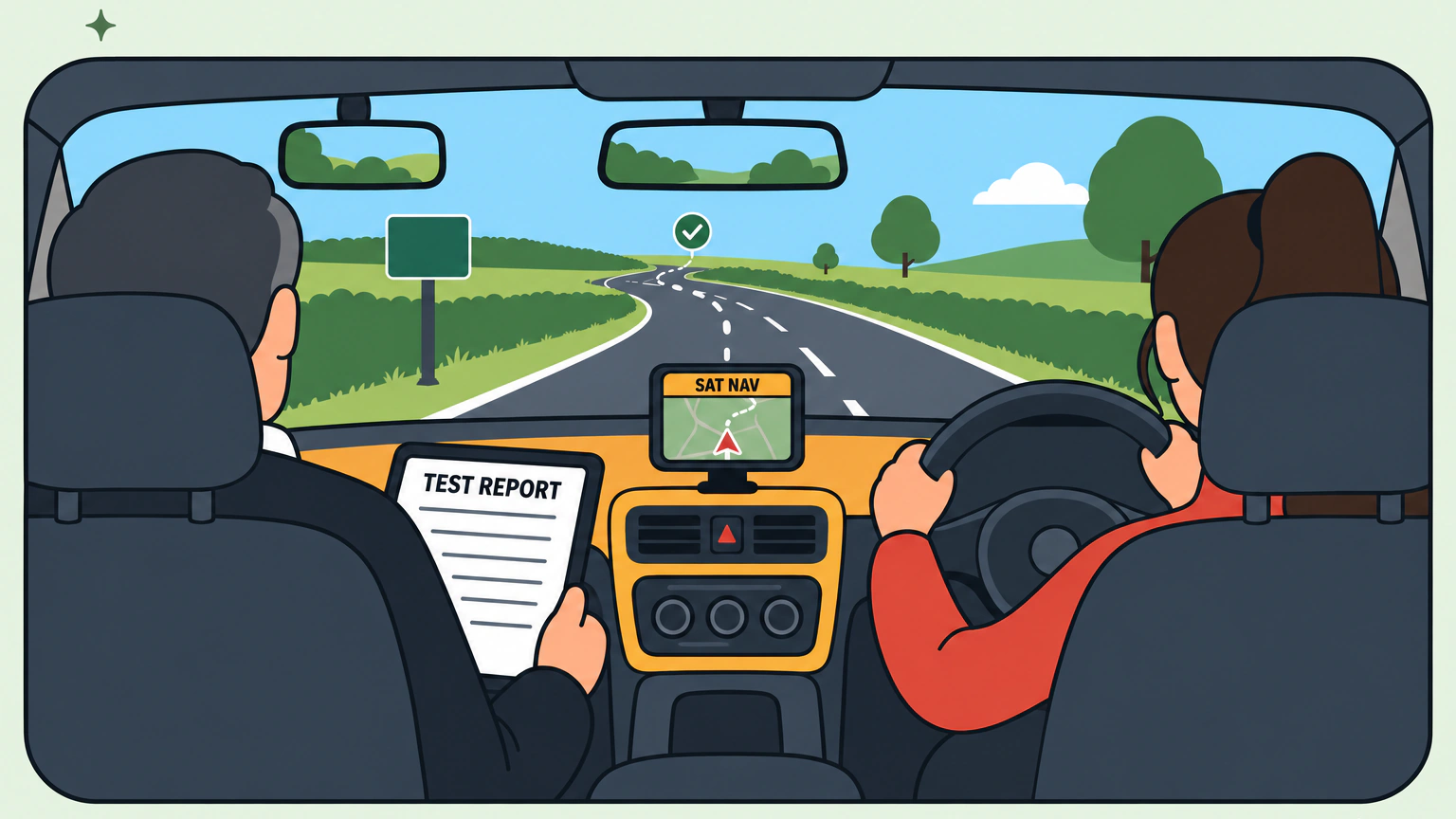 Flat illustration seen from the back seat of a right-hand-drive car during a driving test: the learner holds the steering wheel on the right, the examiner on the left holds a tablet reading TEST REPORT, and a small dashboard screen labelled SAT NAV shows a dotted route that carries on along a winding country road between green hills, with a second interior mirror for the examiner and a small tick above the road ahead.