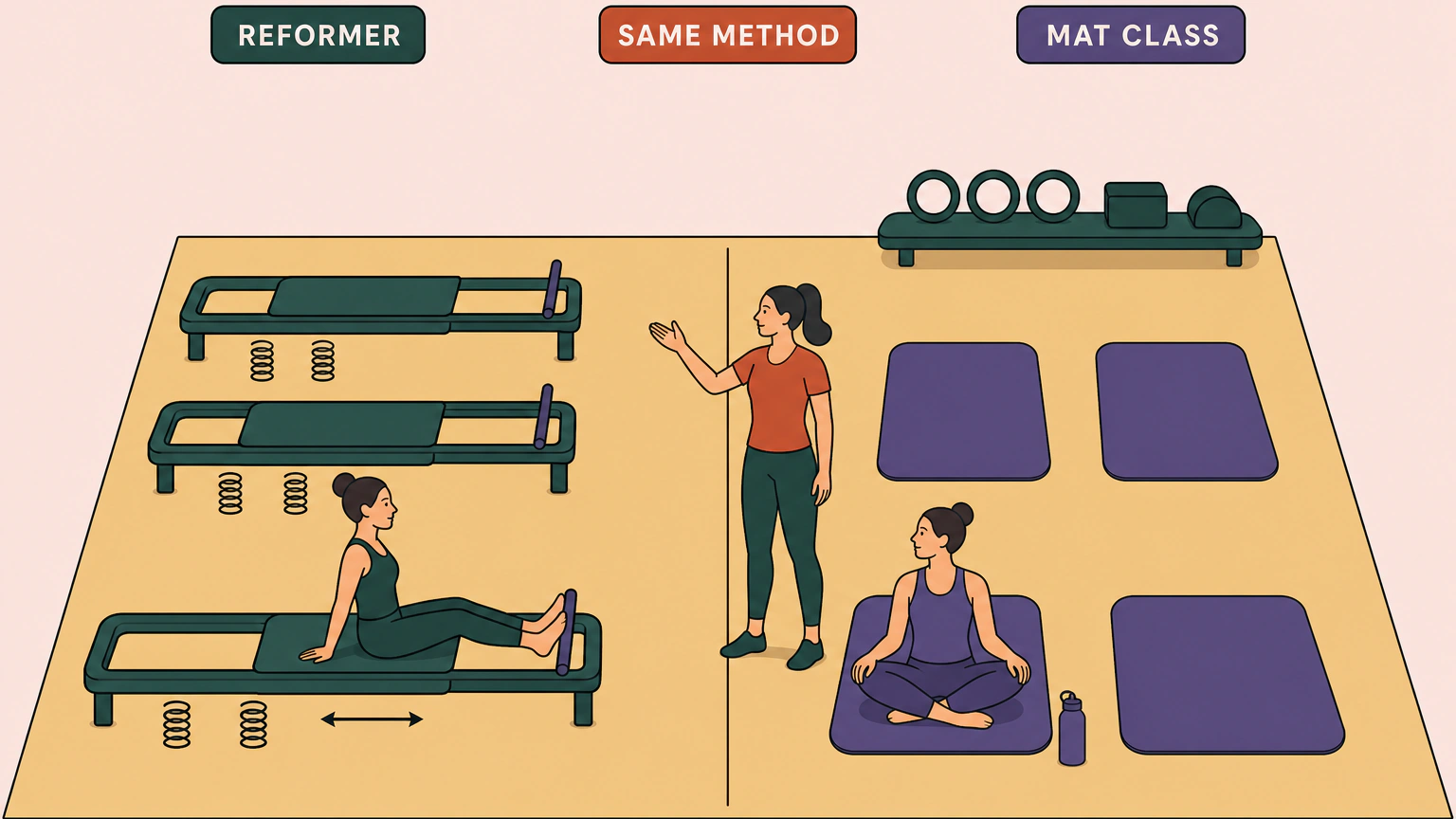 Flat illustration of a single studio room split down the middle. Three low reformer beds with sliding carriages and coiled springs stand on the left, four plain mats lie on the right, and an instructor stands between the two areas with one arm raised, under the labels reformer, mat class and same method.